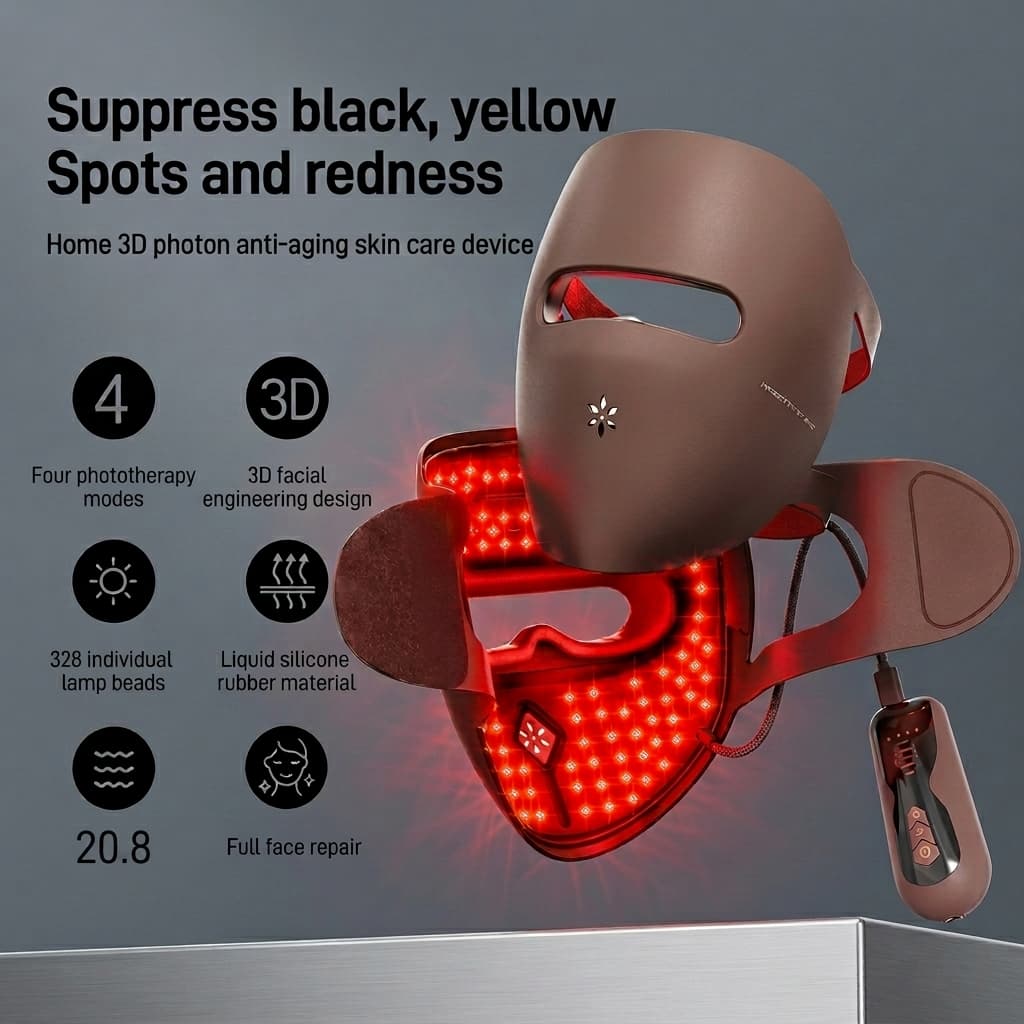 Melly red light therapy mask specifications: 328 LED beads, 20.8 mW/cm² measured output