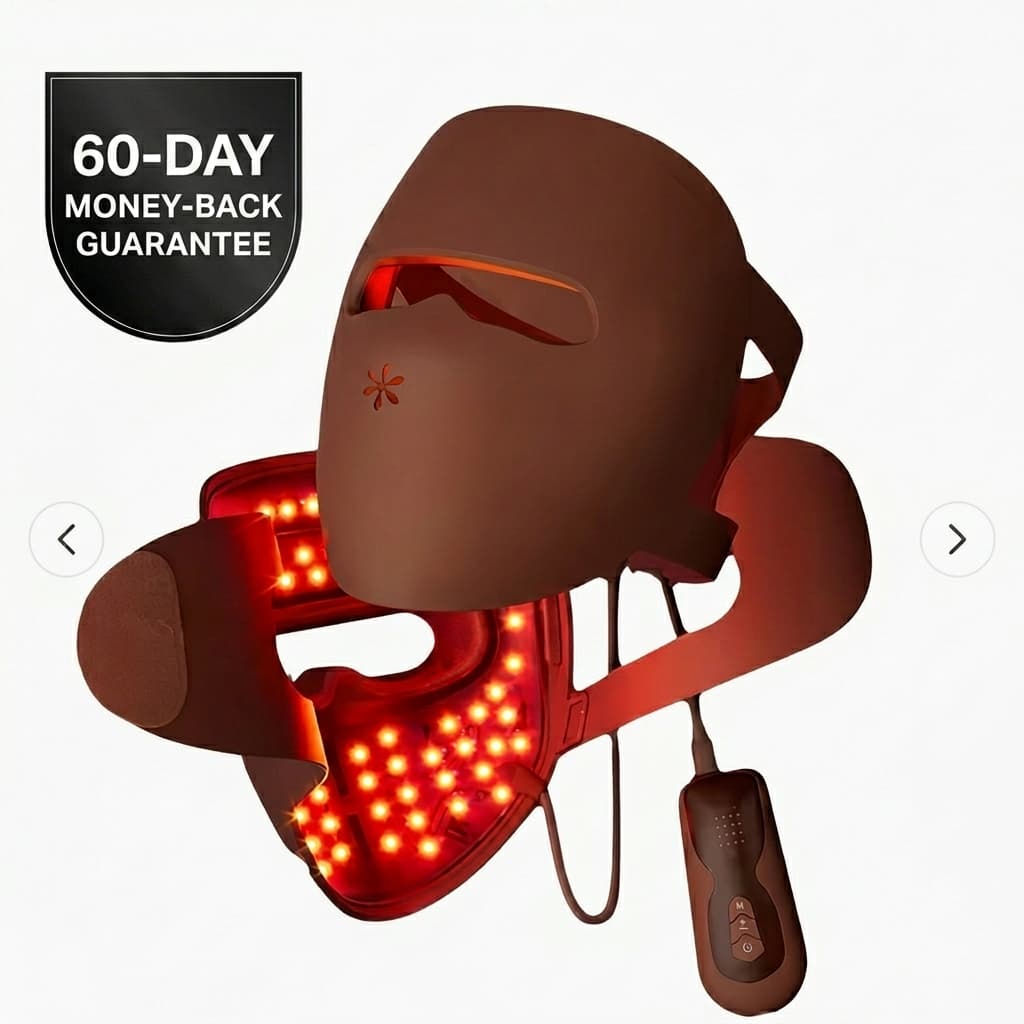 Melly Red Light Therapy Mask with 60-day money-back guarantee, measured 20.8 mW/cm² irradiance