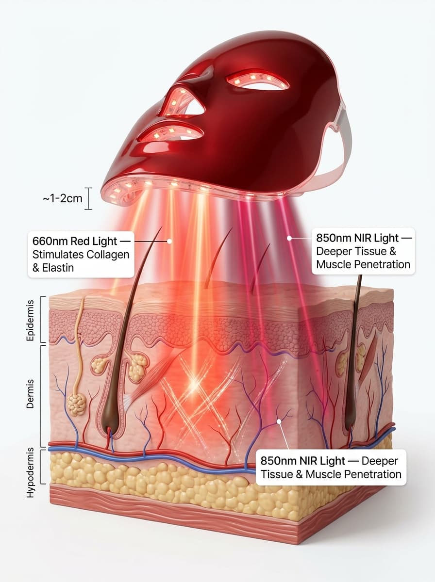 Melly silicone face mask emitting red light beams during a treatment session